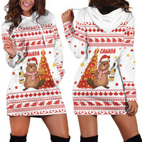 Canada Christmas Hoodie Dress with Beaver Maple Tree Ice Wine Pie and Red White Knit Pattern Design - Wonder Print Shop