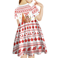 Canada Christmas Kid Short Sleeve Dress with Beaver Maple Tree Ice Wine Pie and Red White Knit Pattern Design - Wonder Print Shop