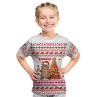 Canada Christmas Kid T Shirt with Beaver Maple Tree Ice Wine Pie and Red White Knit Pattern Design - Wonder Print Shop