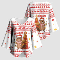 Canada Christmas Kimono Sleeve Blouse with Beaver Maple Tree Ice Wine Pie and Red White Knit Pattern Design - Wonder Print Shop