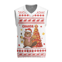 Canada Christmas Knitted V-Neck Vest with Beaver Maple Tree Ice Wine Pie and Red White Knit Pattern Design - Wonder Print Shop