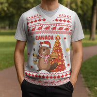 Canada Christmas Knitted V-Neck Vest with Beaver Maple Tree Ice Wine Pie and Red White Knit Pattern Design - Wonder Print Shop