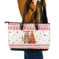 Canada Christmas Leather Tote Bag with Beaver Maple Tree Ice Wine Pie and Red White Knit Pattern Design - Wonder Print Shop