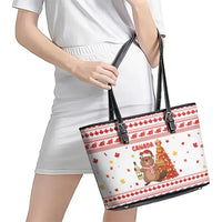 Canada Christmas Leather Tote Bag with Beaver Maple Tree Ice Wine Pie and Red White Knit Pattern Design - Wonder Print Shop