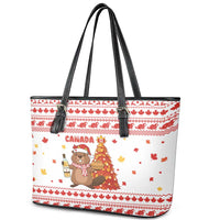Canada Christmas Leather Tote Bag with Beaver Maple Tree Ice Wine Pie and Red White Knit Pattern Design - Wonder Print Shop