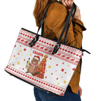 Canada Christmas Leather Tote Bag with Beaver Maple Tree Ice Wine Pie and Red White Knit Pattern Design - Wonder Print Shop