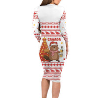 Canada Christmas Long Sleeve Bodycon Dress with Beaver Maple Tree Ice Wine Pie and Red White Knit Pattern Design - Wonder Print Shop
