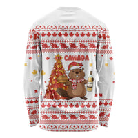 Canada Christmas Long Sleeve Shirt with Beaver Maple Tree Ice Wine Pie and Red White Knit Pattern Design - Wonder Print Shop