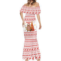 Canada Christmas Mermaid Dress with Beaver Maple Tree Ice Wine Pie and Red White Knit Pattern Design - Wonder Print Shop