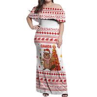Canada Christmas Off Shoulder Maxi Dress with Beaver Maple Tree Ice Wine Pie and Red White Knit Pattern Design - Wonder Print Shop