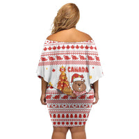 Canada Christmas Off Shoulder Short Dress with Beaver Maple Tree Ice Wine Pie and Red White Knit Pattern Design - Wonder Print Shop