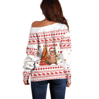 Canada Christmas Off Shoulder Sweater with Beaver Maple Tree Ice Wine Pie and Red White Knit Pattern Design - Wonder Print Shop