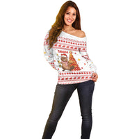 Canada Christmas Off Shoulder Sweater with Beaver Maple Tree Ice Wine Pie and Red White Knit Pattern Design - Wonder Print Shop