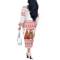 Canada Christmas Off The Shoulder Long Sleeve Dress with Beaver Maple Tree Ice Wine Pie and Red White Knit Pattern Design - Wonder Print Shop