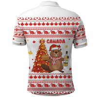 Canada Christmas Polo Shirt with Beaver Maple Tree Ice Wine Pie and Red White Knit Pattern Design - Wonder Print Shop