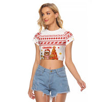 Canada Christmas Raglan Cropped T Shirt with Beaver Maple Tree Ice Wine Pie and Red White Knit Pattern Design - Wonder Print Shop