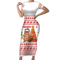 Canada Christmas Short Sleeve Bodycon Dress with Beaver Maple Tree Ice Wine Pie and Red White Knit Pattern Design - Wonder Print Shop