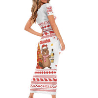 Canada Christmas Short Sleeve Bodycon Dress with Beaver Maple Tree Ice Wine Pie and Red White Knit Pattern Design - Wonder Print Shop