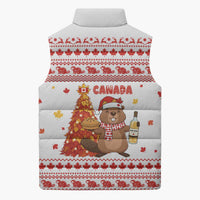 Canada Christmas Sleeveless Puffer Jacket with Beaver Maple Tree Ice Wine Pie and Red White Knit Pattern Design - Wonder Print Shop