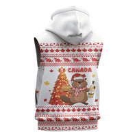 Canada Christmas Sleeveless Zip Hoodie with Beaver Maple Tree Ice Wine Pie and Red White Knit Pattern Design - Wonder Print Shop