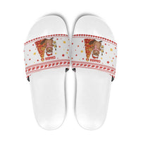 Canada Christmas Slide Sandals with Beaver Maple Tree Ice Wine Pie and Red White Knit Pattern Design - Wonder Print Shop