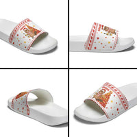 Canada Christmas Slide Sandals with Beaver Maple Tree Ice Wine Pie and Red White Knit Pattern Design - Wonder Print Shop