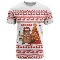 Canada Christmas T Shirt with Beaver Maple Tree Ice Wine Pie and Red White Knit Pattern Design - Wonder Print Shop
