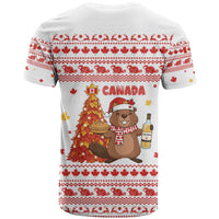 Canada Christmas T Shirt with Beaver Maple Tree Ice Wine Pie and Red White Knit Pattern Design - Wonder Print Shop