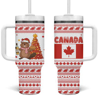 Canada Christmas Tumbler With Handle with Beaver Maple Tree Ice Wine Pie and Red White Knit Pattern Design - Wonder Print Shop