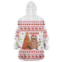 Canada Christmas Wearable Blanket Hoodie with Beaver Maple Tree Ice Wine Pie and Red White Knit Pattern Design - Wonder Print Shop