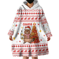 Canada Christmas Wearable Blanket Hoodie with Beaver Maple Tree Ice Wine Pie and Red White Knit Pattern Design - Wonder Print Shop