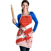 Canada Christmas Apron with Santa Playing Hockey Maple Leaf Flag and Red White Knit Pattern Design - Wonder Print Shop