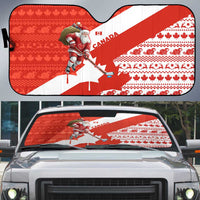 Canada Christmas Auto Sun Shade with Santa Playing Hockey Maple Leaf Flag and Red White Knit Pattern Design - Wonder Print Shop