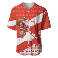 Canada Christmas Baseball Jersey with Santa Playing Hockey Maple Leaf Flag and Red White Knit Pattern Design - Wonder Print Shop