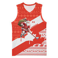 Canada Christmas Basketball Jersey with Santa Playing Hockey Maple Leaf Flag and Red White Knit Pattern Design - Wonder Print Shop