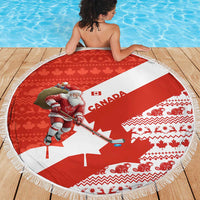 Canada Christmas Beach Blanket with Santa Playing Hockey Maple Leaf Flag and Red White Knit Pattern Design - Wonder Print Shop