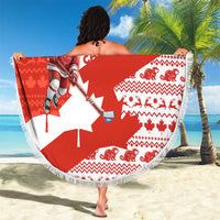 Canada Christmas Beach Blanket with Santa Playing Hockey Maple Leaf Flag and Red White Knit Pattern Design - Wonder Print Shop