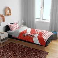 Canada Christmas Bedding Set with Santa Playing Hockey Maple Leaf Flag and Red White Knit Pattern Design - Wonder Print Shop