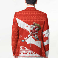 Canada Christmas Blazer with Santa Playing Hockey Maple Leaf Flag and Red White Knit Pattern Design - Wonder Print Shop