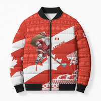 Canada Christmas Bomber Puffer Jacket with Santa Playing Hockey Maple Leaf Flag and Red White Knit Pattern Design - Wonder Print Shop