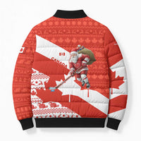 Canada Christmas Bomber Puffer Jacket with Santa Playing Hockey Maple Leaf Flag and Red White Knit Pattern Design - Wonder Print Shop