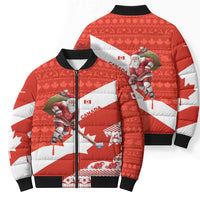 Canada Christmas Bomber Puffer Jacket with Santa Playing Hockey Maple Leaf Flag and Red White Knit Pattern Design - Wonder Print Shop