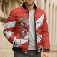Canada Christmas Bomber Puffer Jacket with Santa Playing Hockey Maple Leaf Flag and Red White Knit Pattern Design - Wonder Print Shop
