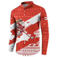 Canada Christmas Button Sweatshirt with Santa Playing Hockey Maple Leaf Flag and Red White Knit Pattern Design - Wonder Print Shop