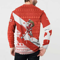 Canada Christmas Button Sweatshirt with Santa Playing Hockey Maple Leaf Flag and Red White Knit Pattern Design - Wonder Print Shop
