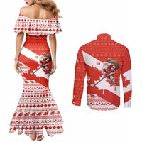 Canada Christmas Couples Matching Mermaid Dress and Long Sleeve Button Shirt with Santa Playing Hockey Maple Leaf Flag and Red White Knit Pattern Design - Wonder Print Shop