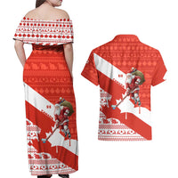 Canada Christmas Couples Matching Off Shoulder Maxi Dress and Hawaiian Shirt with Santa Playing Hockey Maple Leaf Flag and Red White Knit Pattern Design - Wonder Print Shop