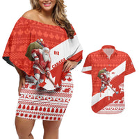 Canada Christmas Couples Matching Off Shoulder Short Dress and Hawaiian Shirt with Santa Playing Hockey Maple Leaf Flag and Red White Knit Pattern Design - Wonder Print Shop
