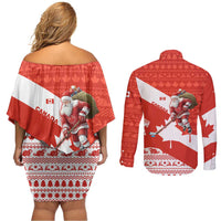 Canada Christmas Couples Matching Off Shoulder Short Dress and Long Sleeve Button Shirt with Santa Playing Hockey Maple Leaf Flag and Red White Knit Pattern Design - Wonder Print Shop