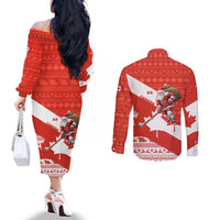 Canada Christmas Couples Matching Off The Shoulder Long Sleeve Dress and Long Sleeve Button Shirt with Santa Playing Hockey Maple Leaf Flag and Red White Knit Pattern Design - Wonder Print Shop